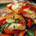 Close-up of roasted red pepper, spinach, and mozzarella stuffed chicken breast, baked to golden perfection.