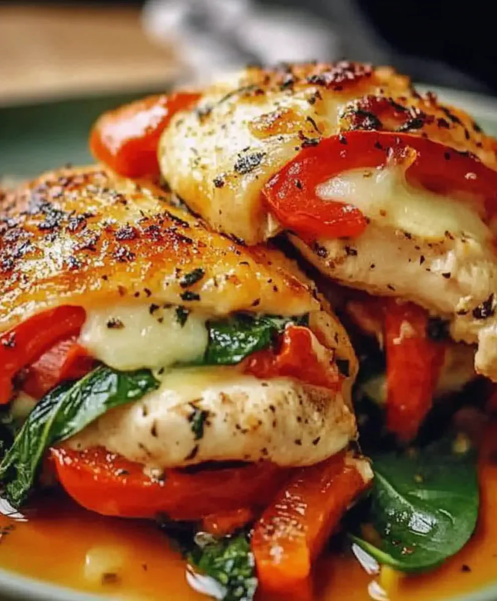 Close-up of roasted red pepper, spinach, and mozzarella stuffed chicken breast, baked to golden perfection.