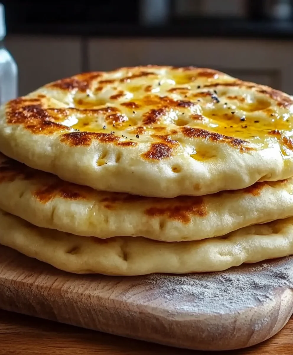 Puffy no-yeast flatbreads topped with olive oil, displayed on a wooden board.
