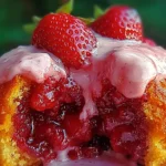 Strawberry Honeybun Cake slice with vibrant strawberry swirl and pink icing drizzle