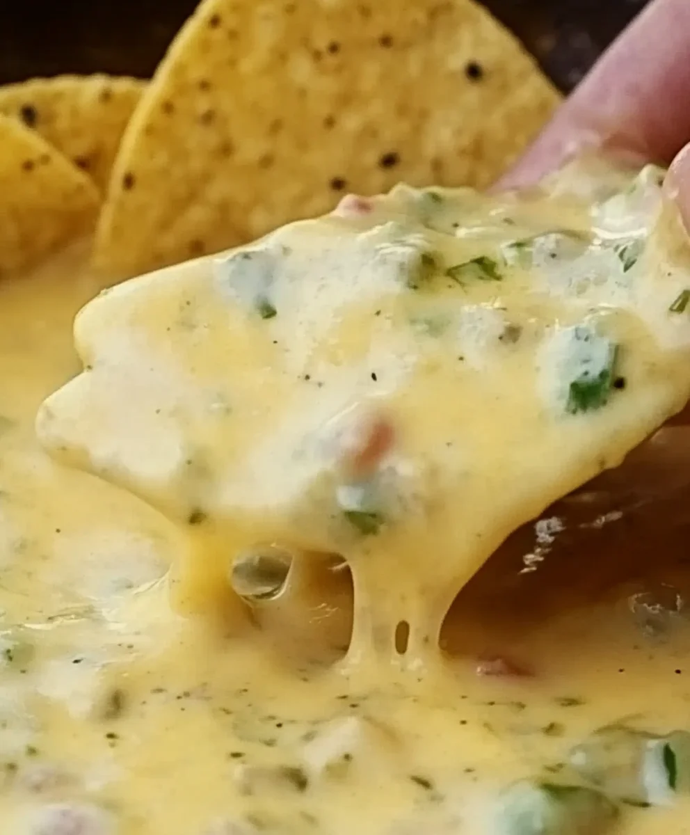 The Greatest Queso That Ever Lived being scooped up with a tortilla chip, showing herbs, cheese, and jalapeños in the dip.