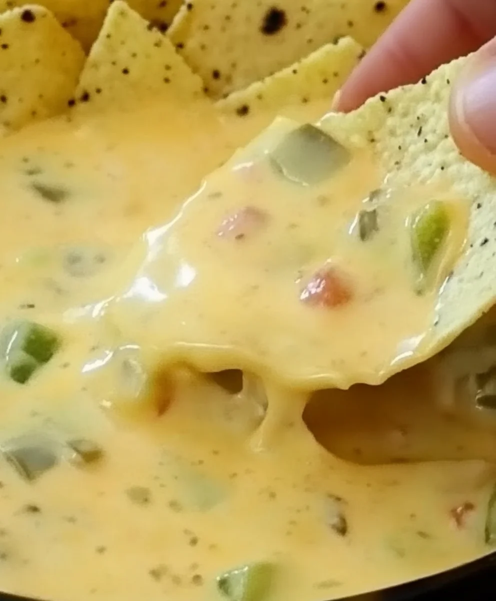 A tortilla chip dipped into The Greatest Queso That Ever Lived, showing creamy texture with melted cheese and diced jalapeños.