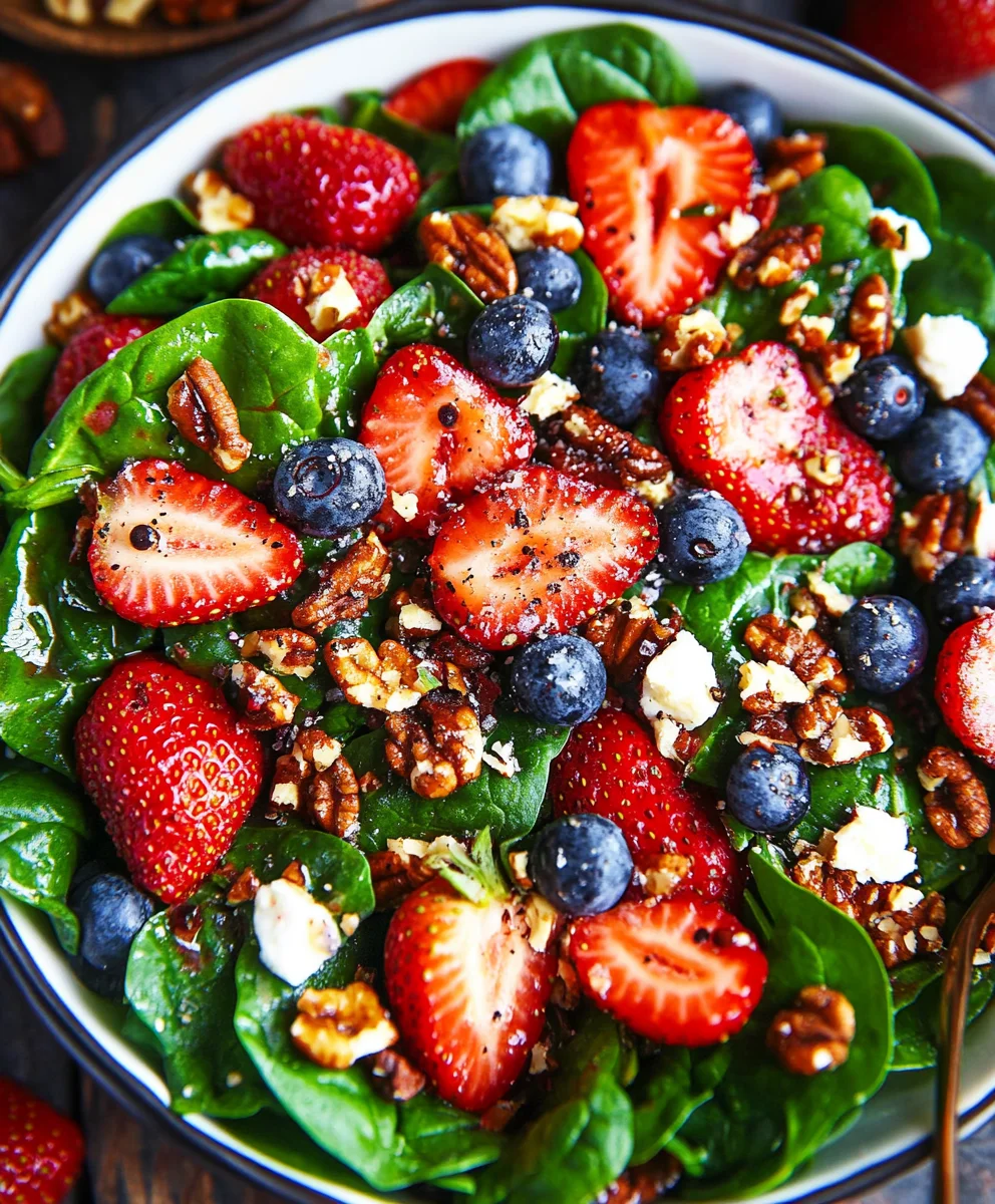 Fresh spinach salad with sliced strawberries, blueberries, pecans, and crumbled feta cheese
