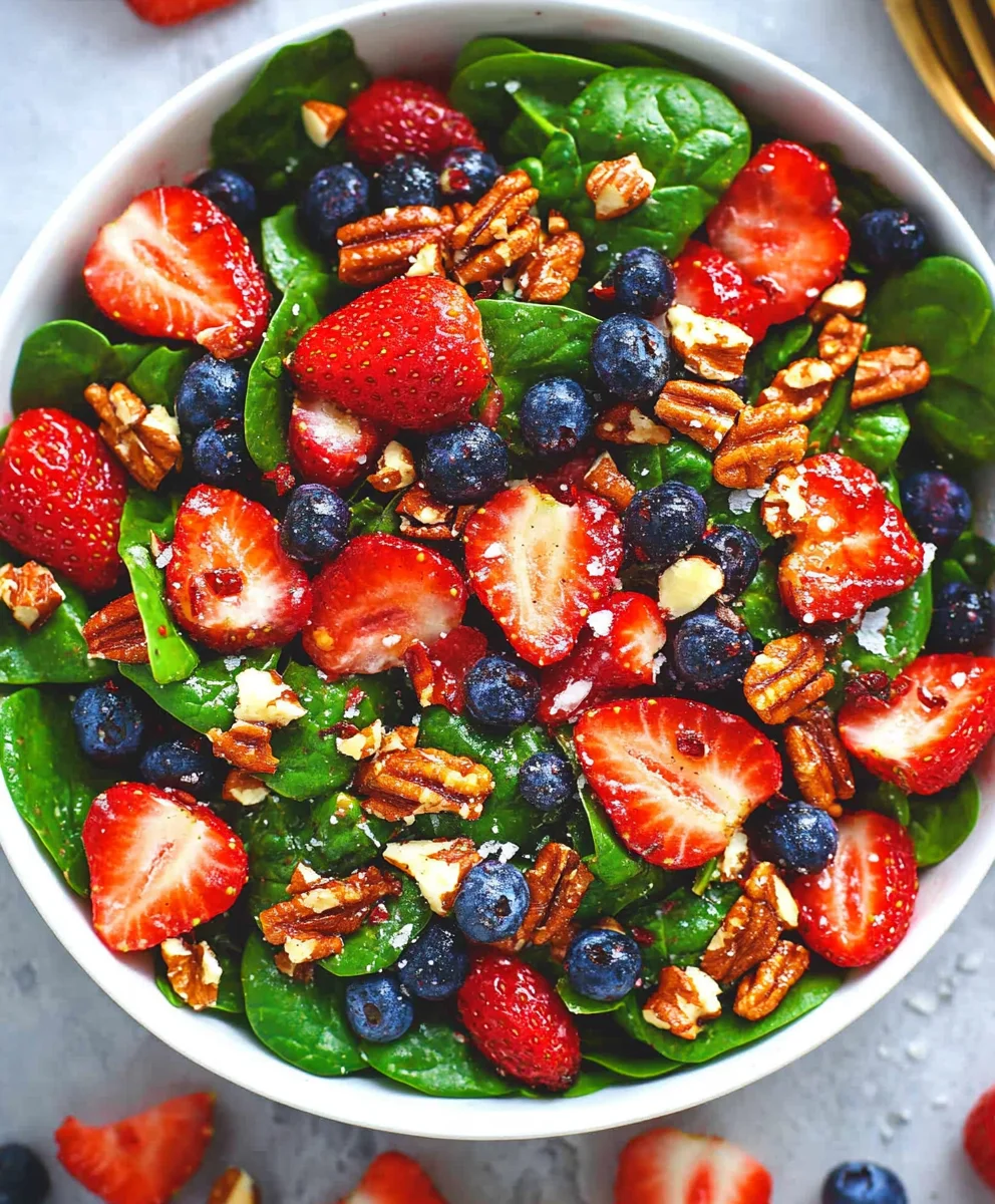 Top view of a bowl filled with spinach, strawberries, blueberries, and pecans for a summer salad