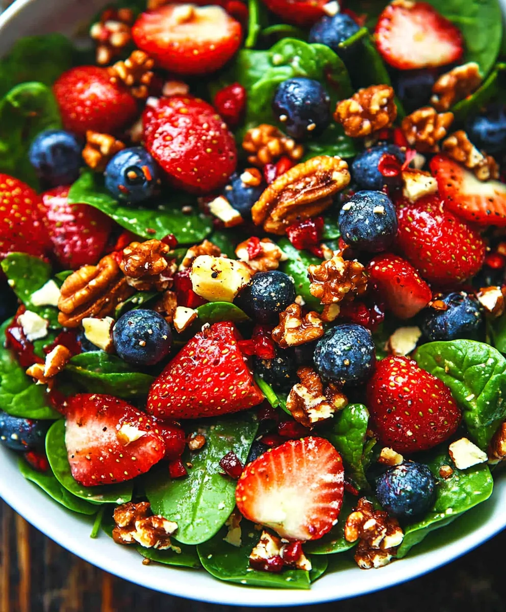 Close-up of fresh strawberry spinach salad with blueberries, pecans, and feta cheese in a white bowl