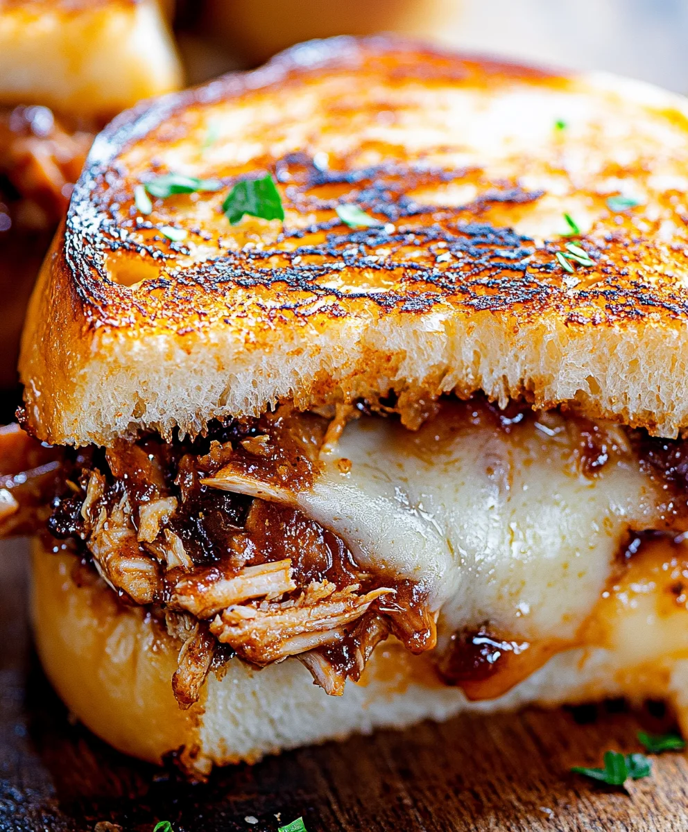 Close-up of a crispy BBQ chicken grilled cheese sandwich with melted Havarti oozing between golden sourdough slices.