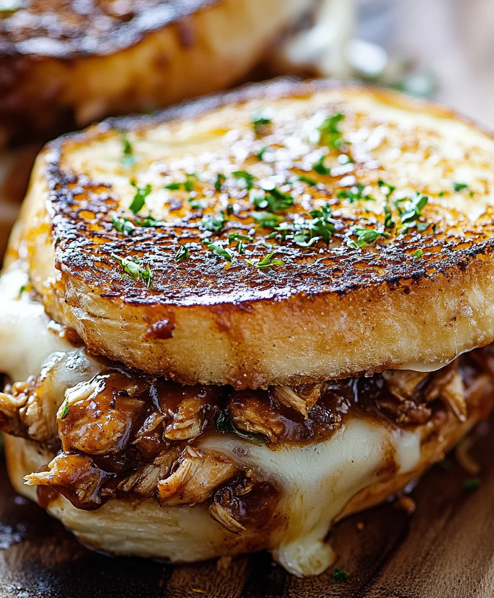 Stacked BBQ chicken grilled cheese sandwiches with golden-brown crust and parsley garnish.
