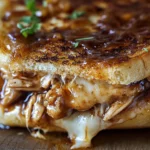 Juicy BBQ chicken grilled cheese sandwich with melty cheese and glossy BBQ sauce dripping from toasted bread.