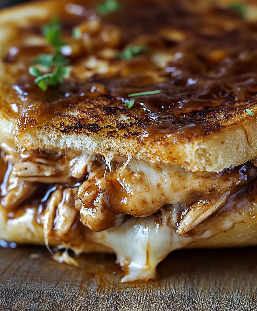 Juicy BBQ chicken grilled cheese sandwich with melty cheese and glossy BBQ sauce dripping from toasted bread.