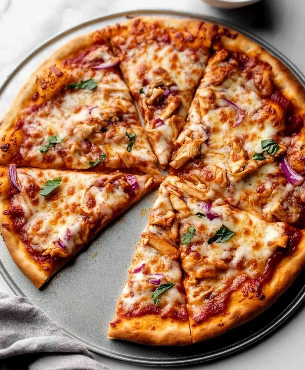 Barbecue chicken pizza sliced on a metal pan with melted cheese and garnished with basil and red onion