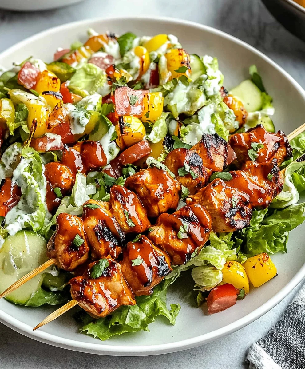 BBQ chicken skewers on a fresh salad topped with creamy ranch dressing and grilled vegetables