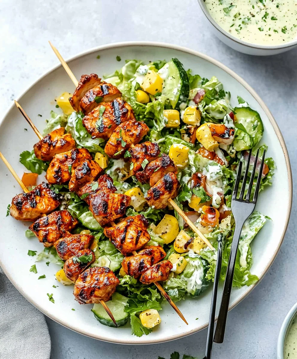 BBQ chicken skewers with charred grill marks over a green salad with cucumbers and corn