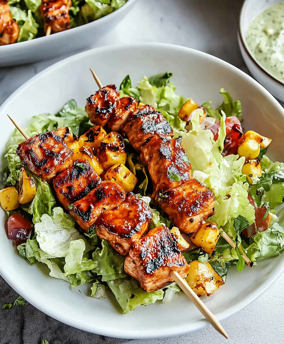 BBQ chicken skewers served over fresh romaine lettuce with grilled pineapple and corn