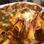 Baked Italian Sunset Pasta with mozzarella and pesto layers