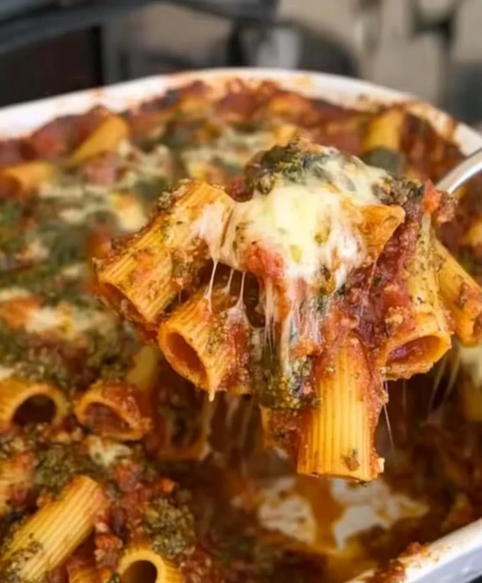 Baked Italian Sunset Pasta with mozzarella and pesto layers