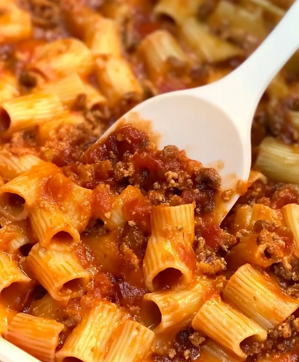 Italian Sunset Pasta Bake with rigatoni and meat sauce