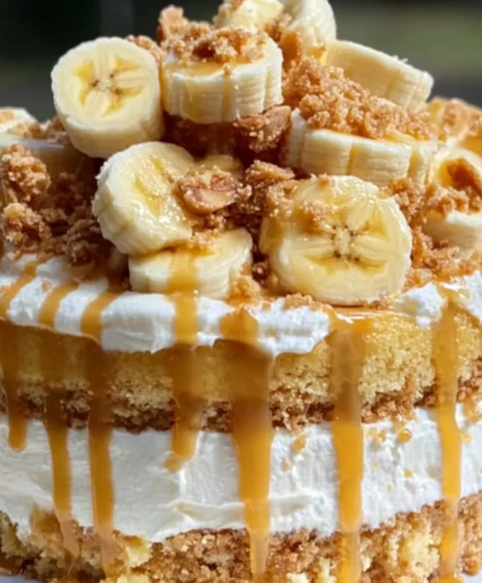 Layered Banana Pudding Cheesecake Cake with Caramel Drizzle