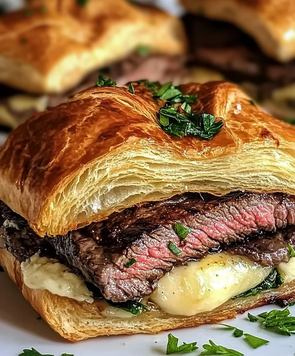 Black Garlic Butter Steak & Brie Croissant Melt on rustic plate