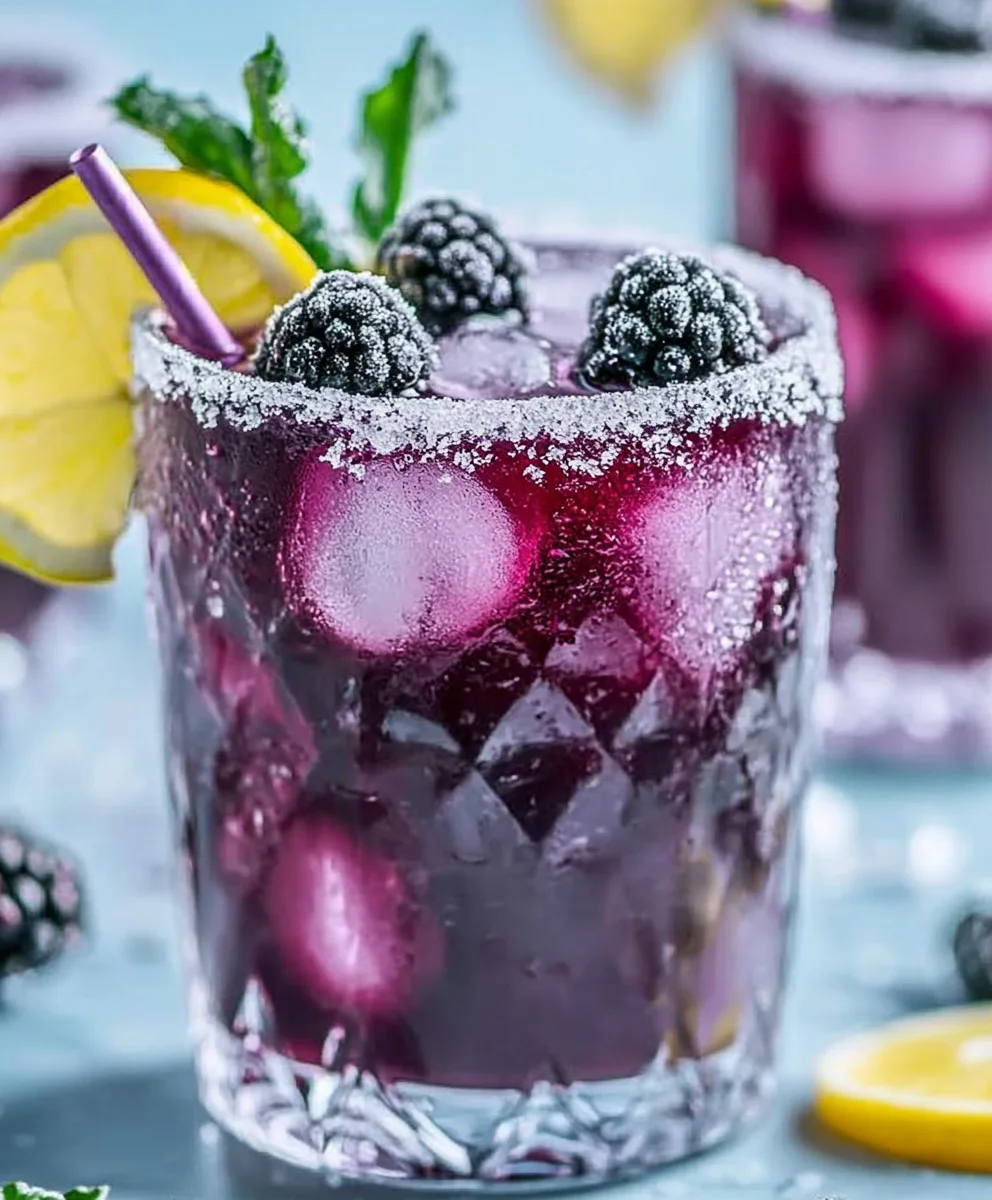 Blackberry Frost Mocktail Recipe served in a glass with sparkling water