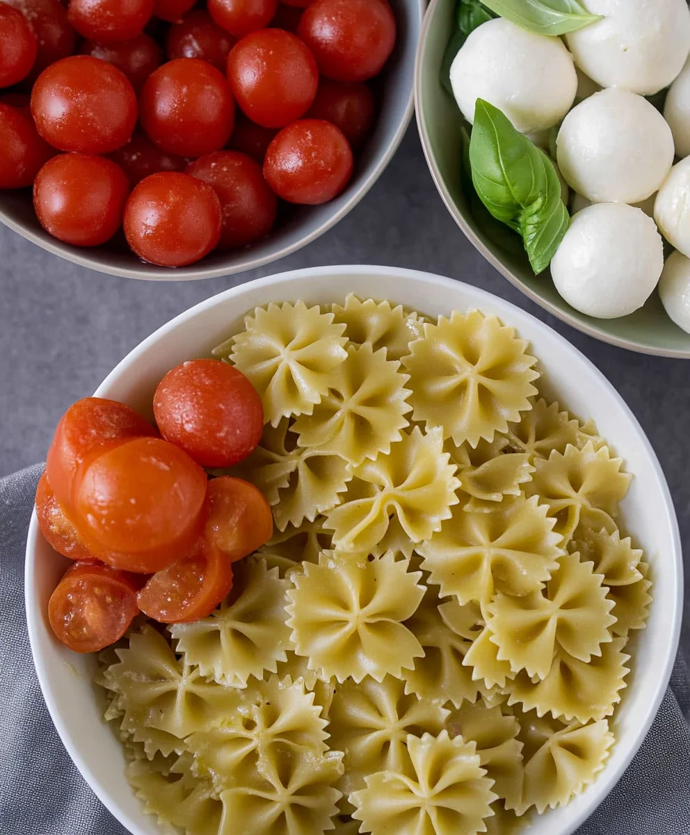 Ingredients for Bow Tie Pasta Salad in separate bowls: cherry tomatoes, mozzarella balls with basil, and cooked bow tie pasta