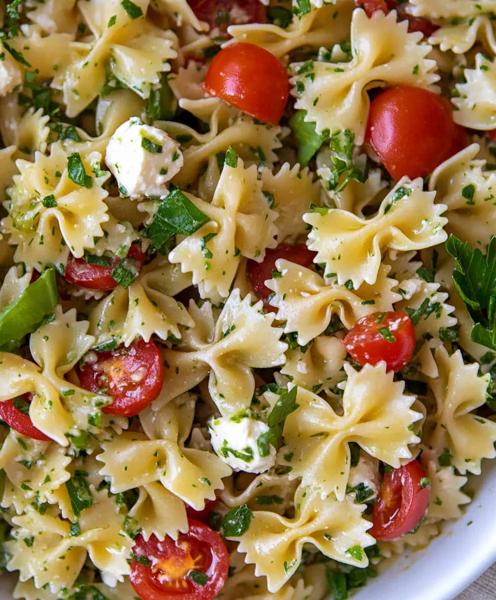 Close-up of Bow Tie Pasta Salad mixed with pesto, cherry tomatoes, mozzarella, and chopped herbs