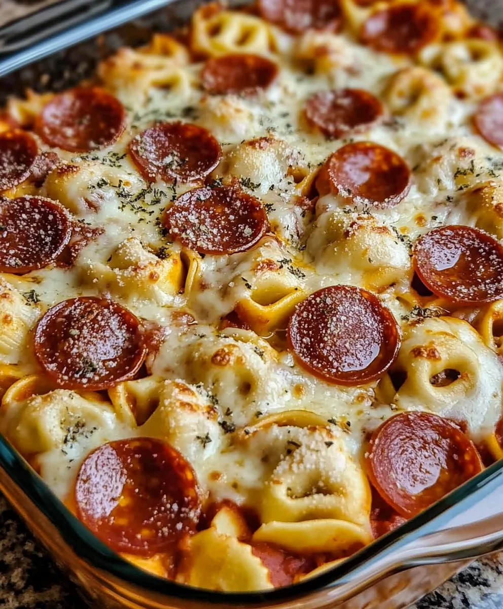 Assembled Tortellini Pizza Casserole with Pepperoni