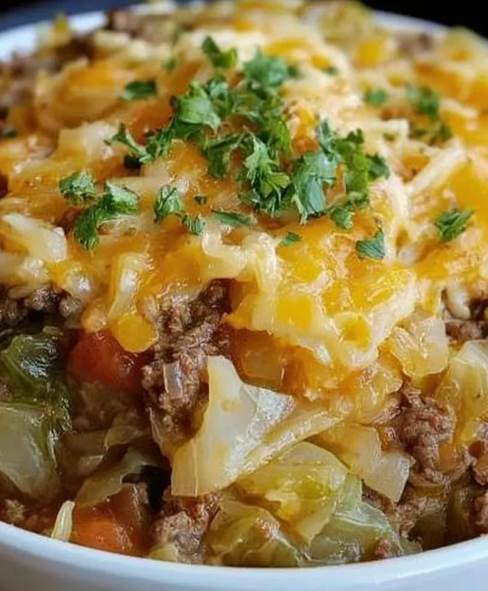 Cheesy Cabbage Beef Casserole with melted cheddar cheese