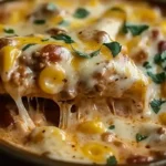 Cheesy Enchilada Chili in a bowl with beans