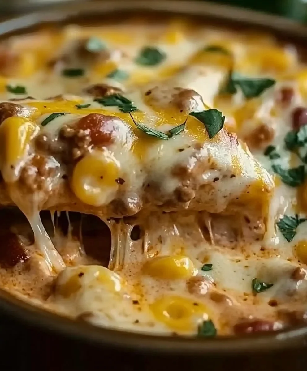 Cheesy Enchilada Chili in a bowl with beans