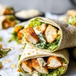 Open Chicken Caesar Wrap with chopped grilled chicken, romaine lettuce, and Caesar dressing on a tortilla