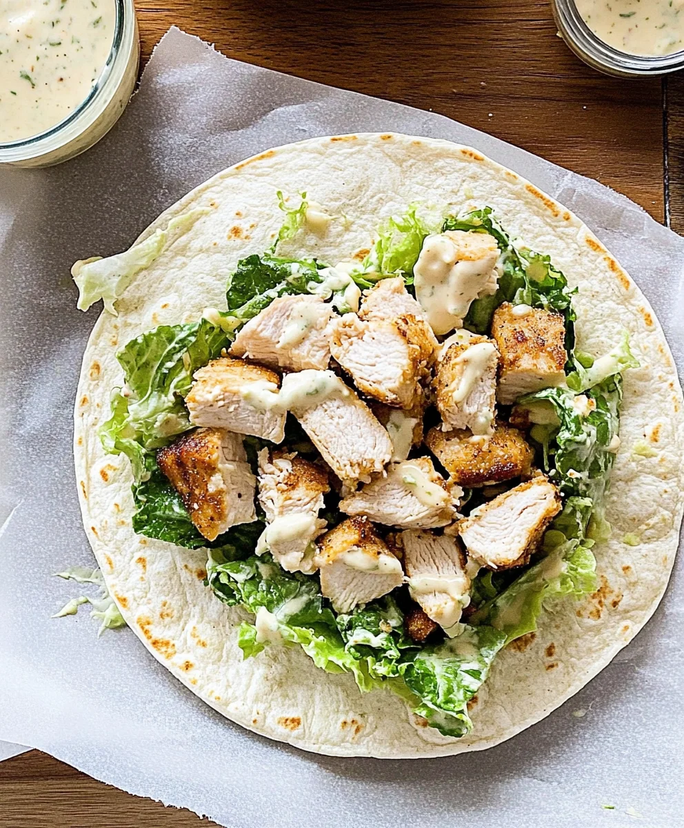 Sliced Chicken Caesar Wrap showing grilled chicken, lettuce, and Caesar dressing inside a flour tortilla