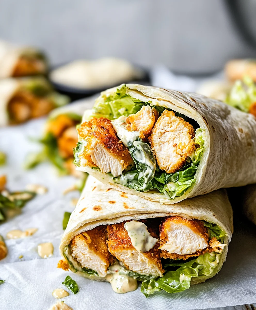 Open Chicken Caesar Wrap with chopped grilled chicken, romaine lettuce, and Caesar dressing on a tortilla