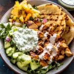 Grilled chicken tzatziki bowl with naan, cucumbers, and creamy tzatziki sauce
