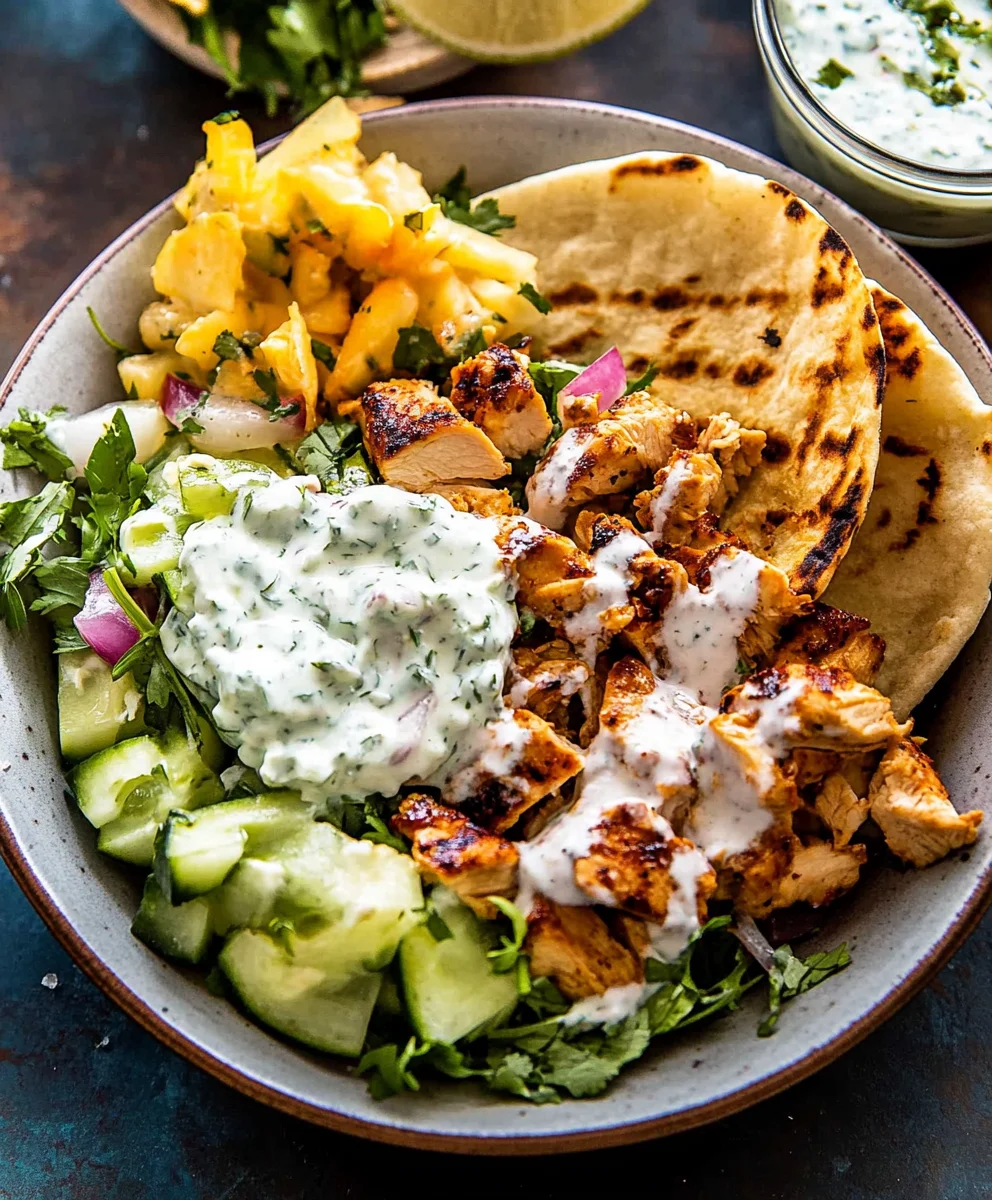 Grilled chicken tzatziki bowl with naan, cucumbers, and creamy tzatziki sauce