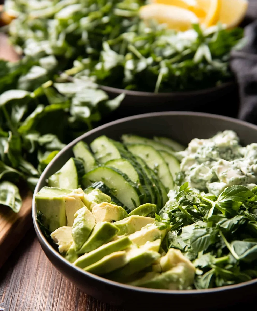 Chicken tzatziki bowl with marinated chicken, cucumber, herbs, and creamy tzatziki