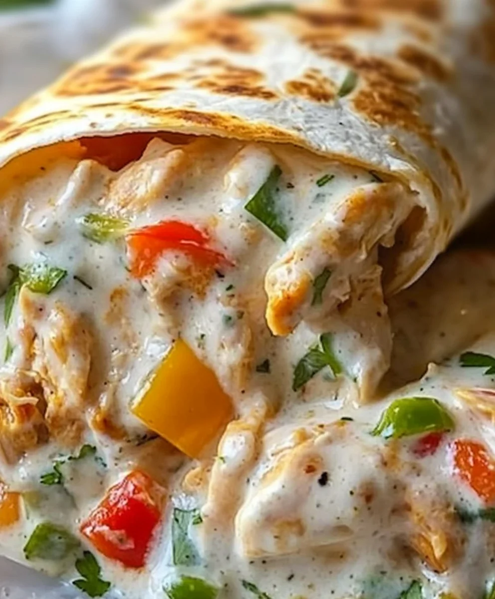 Ingredients for Chicken Bell Pepper Ranch Burritos, including shredded chicken and colorful bell peppers