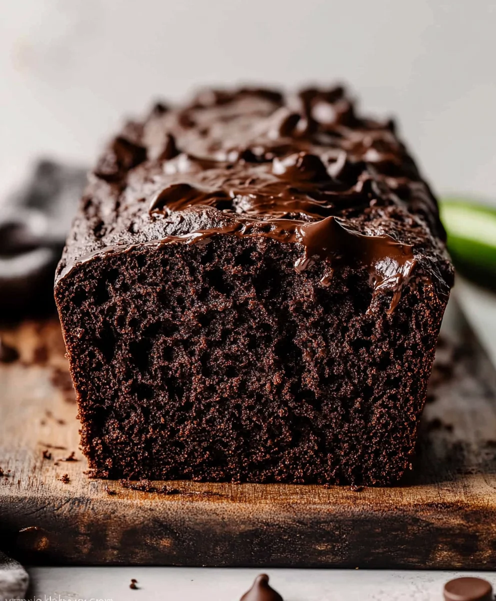 Moist chocolate zucchini bread with a fudgy texture, sliced on a wooden board