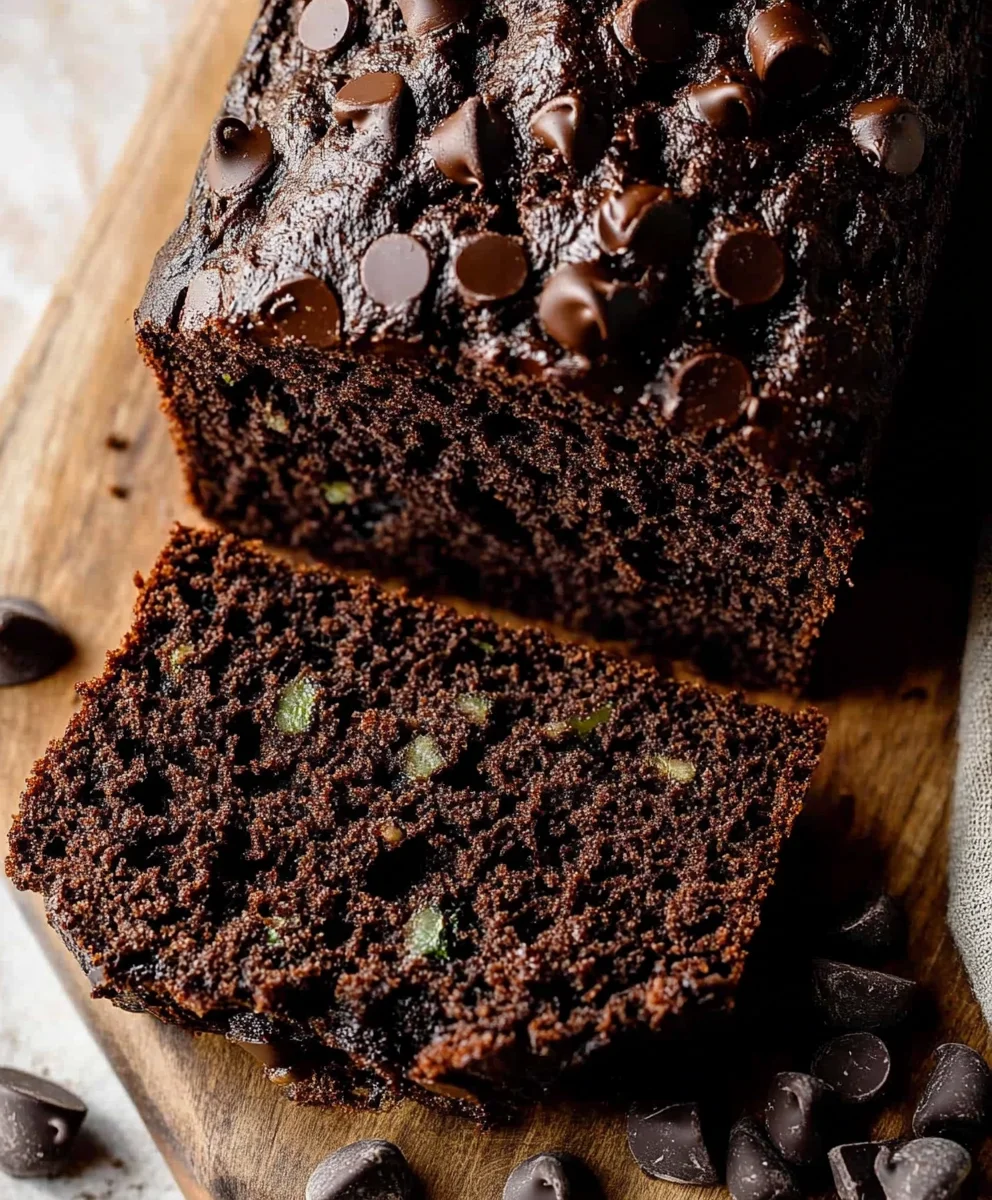 Chocolate zucchini bread topped with chocolate chips, revealing green zucchini bits inside