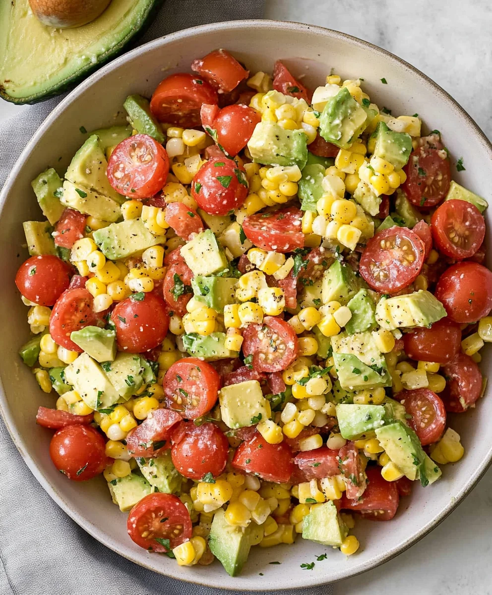 Bright corn tomato avocado salad in a bowl with sliced avocado on the side, showcasing vibrant summer produce.