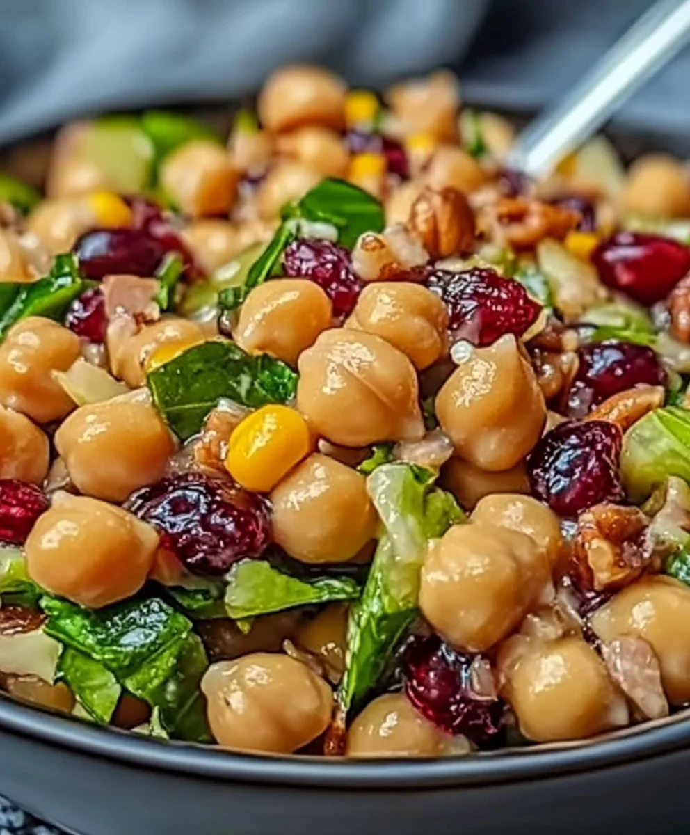 Close-up of Cranberry Walnut Chickpea Salad with Orange Vinaigrette