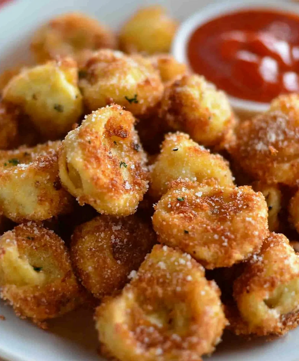 Fried cheese tortellini topped with parmesan and herbs