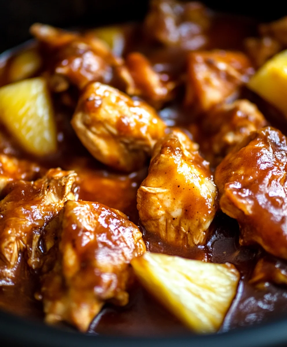 Crockpot Pineapple BBQ Chicken with fresh pineapple chunks