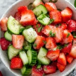 Fresh cucumber and strawberry salad with mint in a white speckled bowl