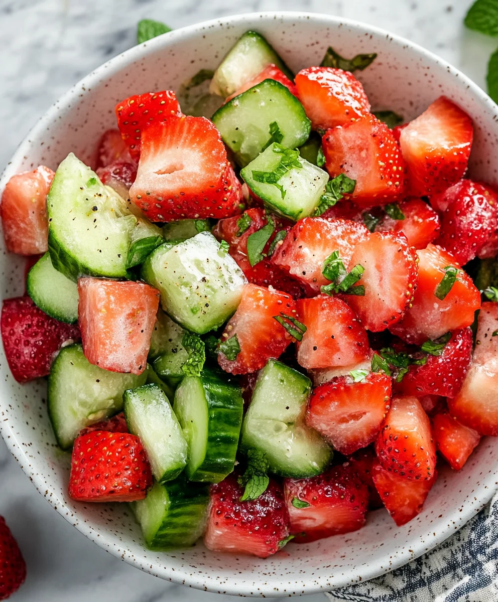 Fresh cucumber and strawberry salad with mint in a white speckled bowl