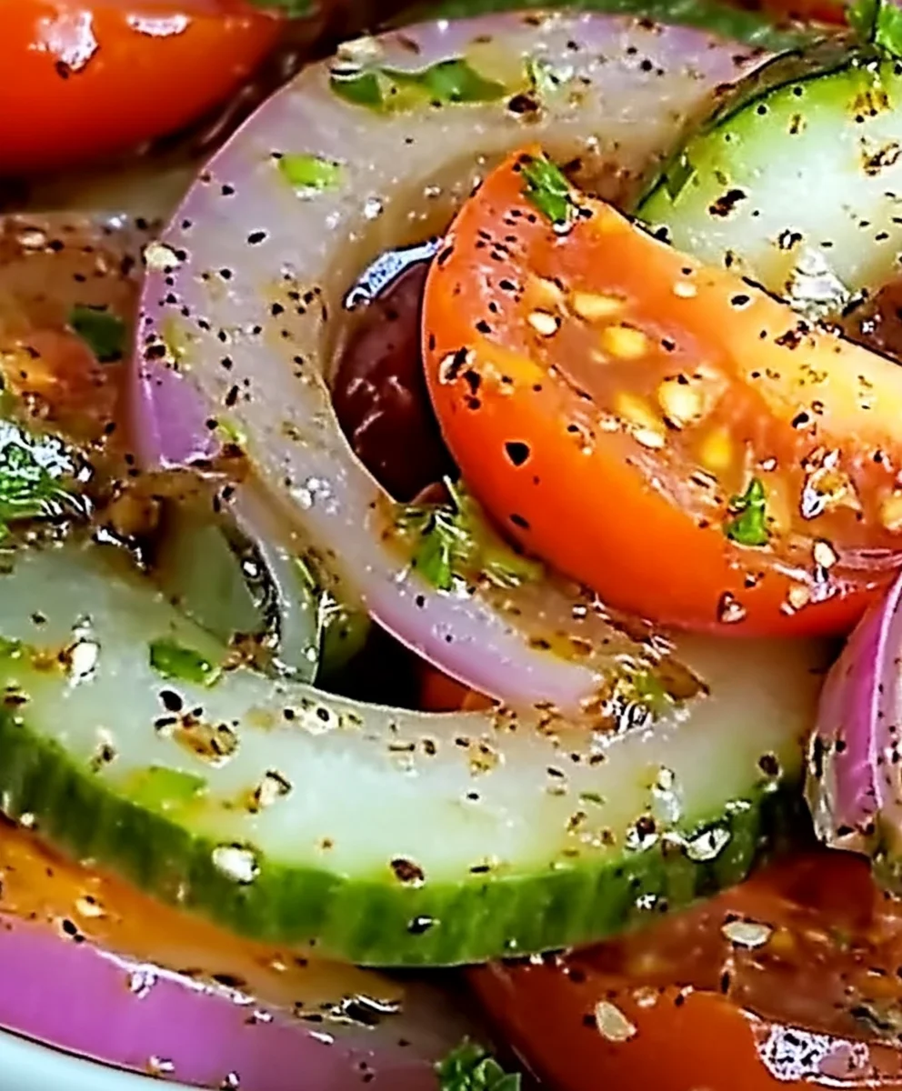 Delicious Marinated Cucumber, Onion, and Tomato Salad in a bowl