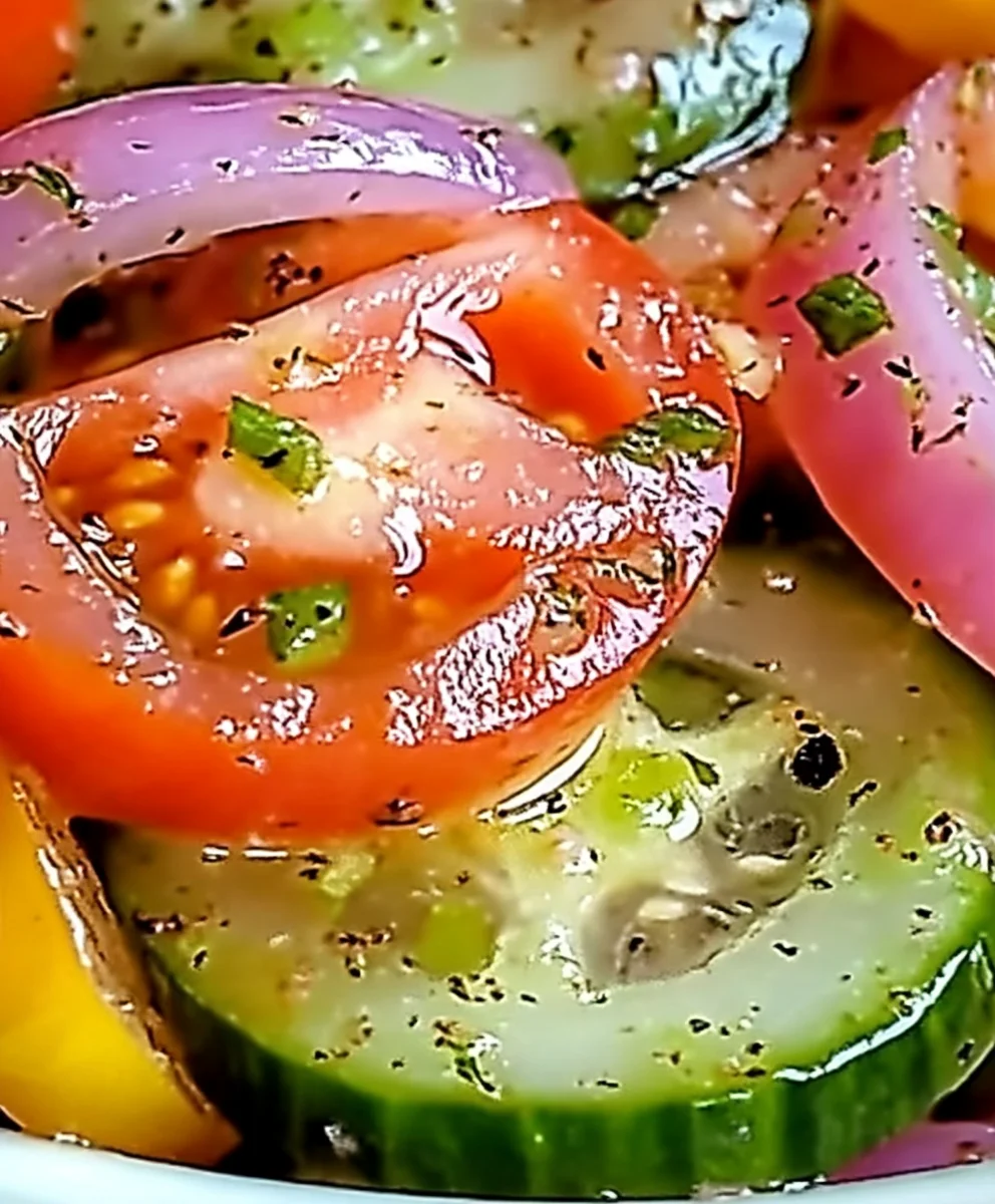 Marinated Cucumber, Onion, and Tomato Salad with fresh herbs