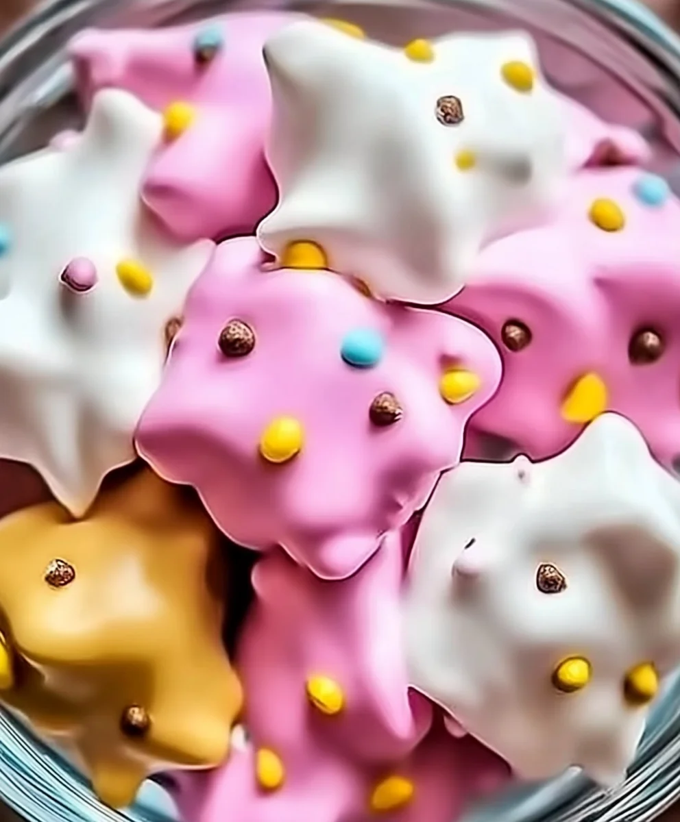 Pastel pink, white, and golden Easy Cool Whip Candy drops decorated with colorful candy dots in a glass bowl.