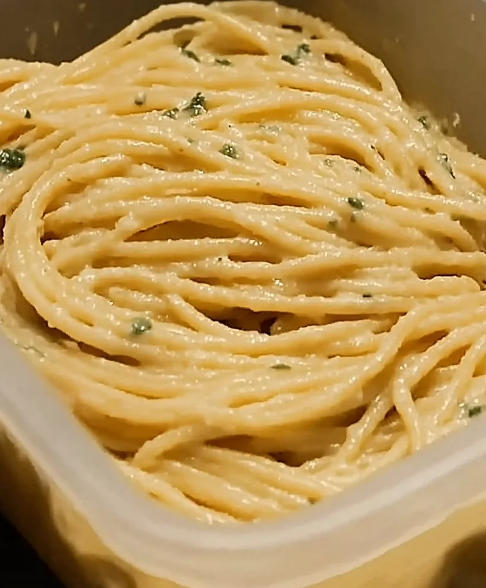 Easy Butter Garlic Spaghetti in a skillet with garlic flakes