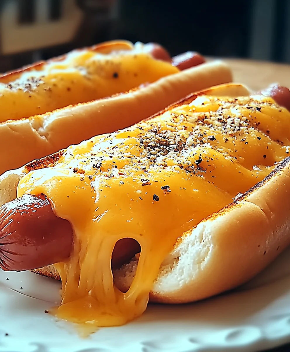 Hot dogs covered in melted cheddar cheese in toasted buns