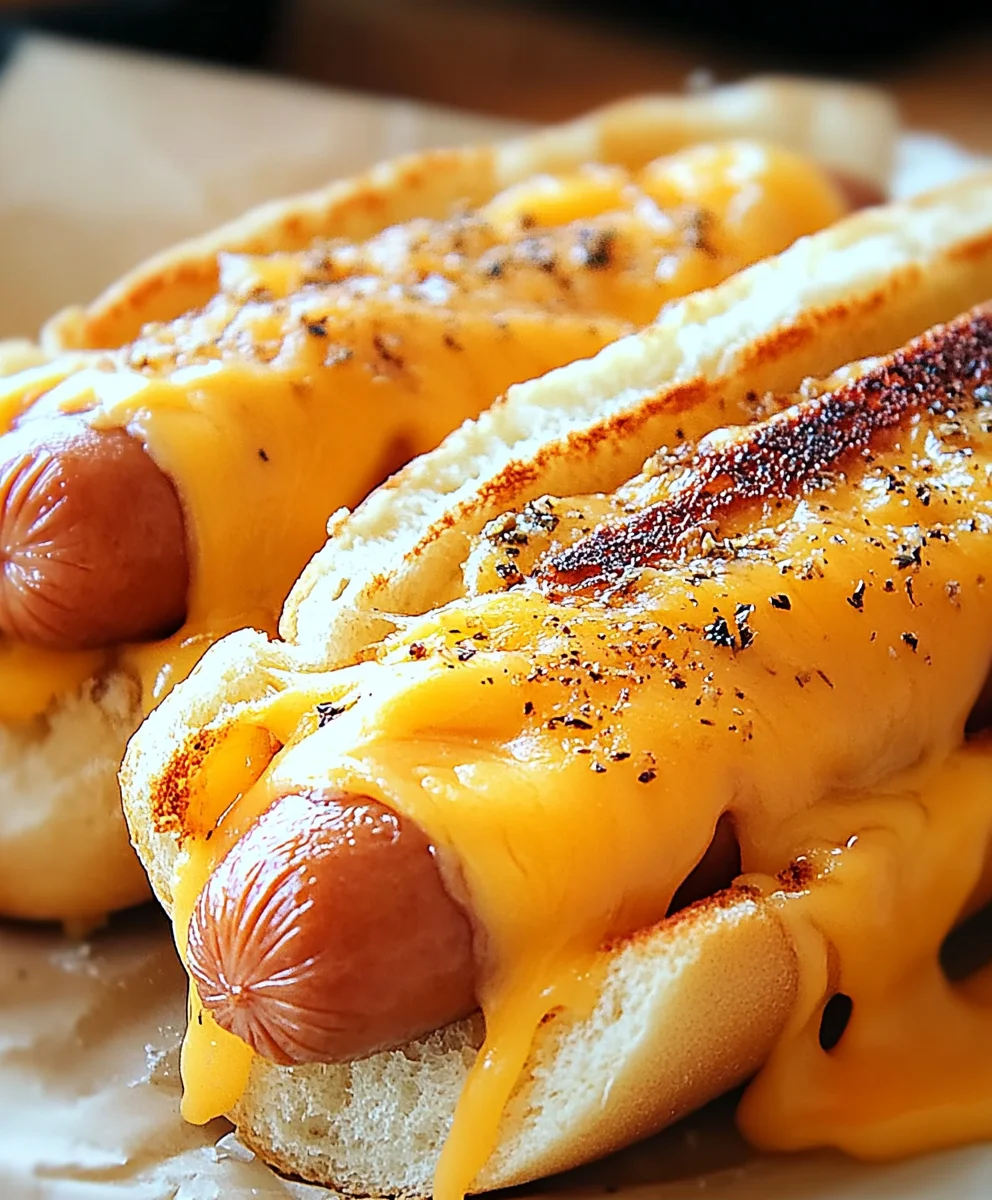 Cheesy grilled hot dogs with melted cheddar on toasted buns